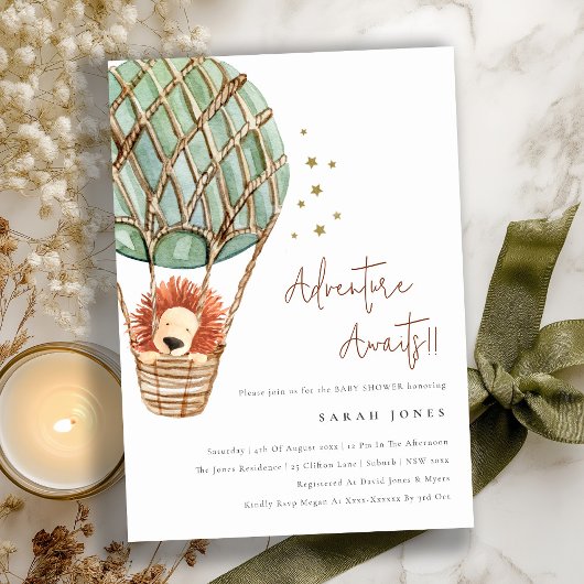 Öko Green Hot Air Ballon Löwe Baby Dusche laden Dankeskarte