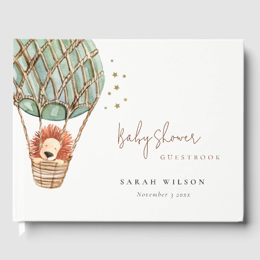 Öko Green Hot Air Ballon Löwe Magical Baby Dusche Gästebuch (Vorderseite)