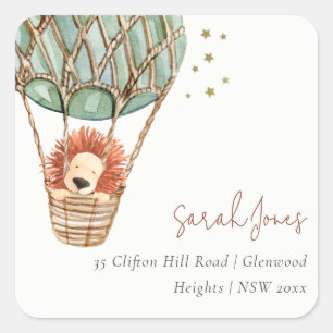 Öko Green Hot Air Ballon Löwe Magische Adresse Quadratischer Aufkleber