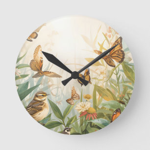 Öko-Natur-Wanduhr – Aquarell-Vögel, Pflanzen & Runde Wanduhr