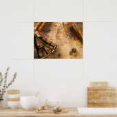 Oktant, Compass und Teleskop auf der nautischen Ka Poster (Küche)