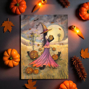 Oktober Fields Halloween Hexe und Katzen Fantasy Karte