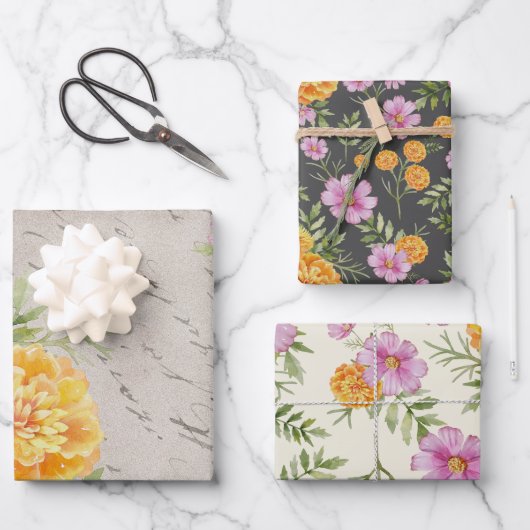 Oktober Geburtmonat Blume Marigold Cosmos Geschenkpapier Set (Vorderseite)