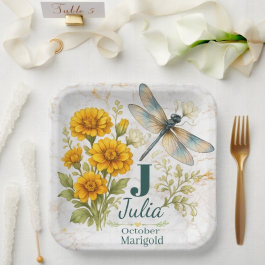 Oktober-Geburtsblume Ringelblume & Libelle Pappteller (Hochzeit)