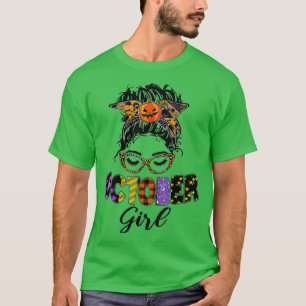 Oktober Girl Halloween Messy Bun Oktober Geburtsta T-Shirt