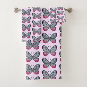 Oktober Pink Glasswing Butterfly Design Badhandtuch Set