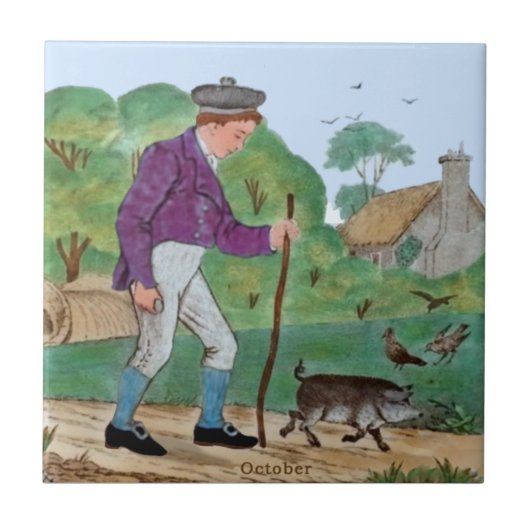 Oktober Polychrome Wedgwood Boy Pig Antique Repro Fliese (Vorderseite)