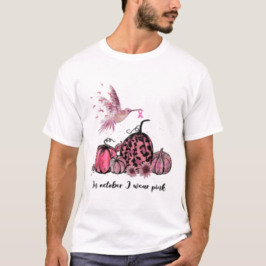 Oktober Wir tragen Pink Hummingbird Breast Cancer T-Shirt (Vorderseite)