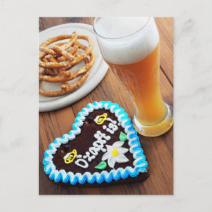 Oktoberfest Lebkuchenherz mit Brezel Bier Postkarte