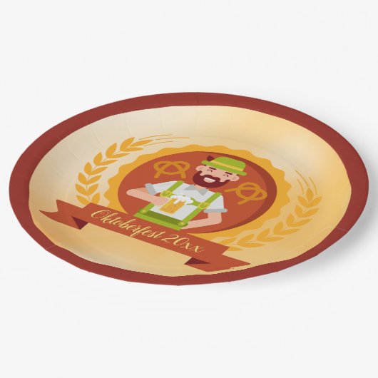 Oktoberfest Mann in Almhut mit Bier Pappteller (Schrägansicht)