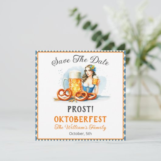 Oktoberfest Party Beer and Pretzels ai Rett Date Save The Date (Stehend Vorderseite)