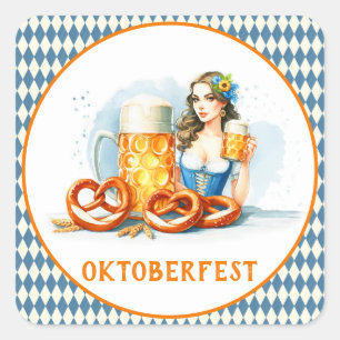 Oktoberfest-Party mit Bier und Brezeln ai  Quadratischer Aufkleber