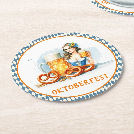 Oktoberfest Party mit Bier und Salzbrezeln ai Runder Pappuntersetzer (Angewinkelt)