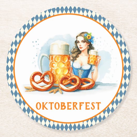 Oktoberfest Party mit Bier und Salzbrezeln ai Runder Pappuntersetzer (Vorderseite)
