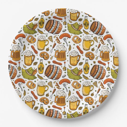 Oktoberfestbiere und Würstchen Pappteller (Vorderseite)