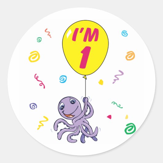 Oktopus 1. Geburtstag Runder Aufkleber (Vorderseite)