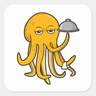 Oktopus als Kellner mit Handtuchserie Quadratischer Aufkleber