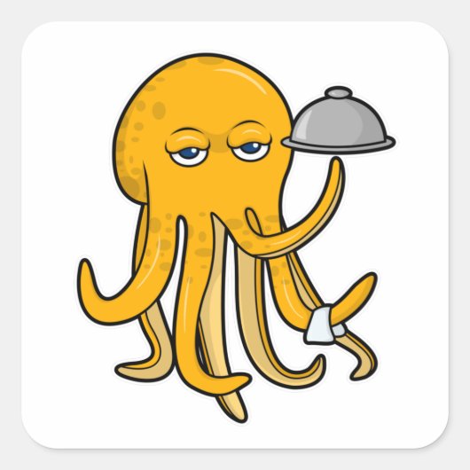 Oktopus als Kellner mit Handtuchserie Quadratischer Aufkleber (Vorderseite)