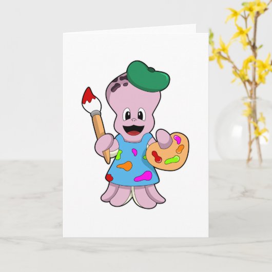 Oktopus als Maler mit Pinsel Karte (Gelbe Blume)