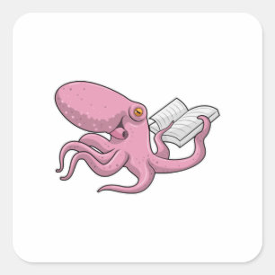 Oktopus als Nerd mit Buch Quadratischer Aufkleber