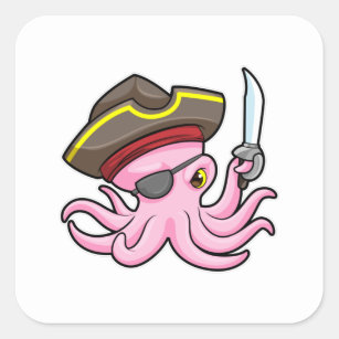 Oktopus als Piraten mit Säbel- und Augenpflaster Quadratischer Aufkleber