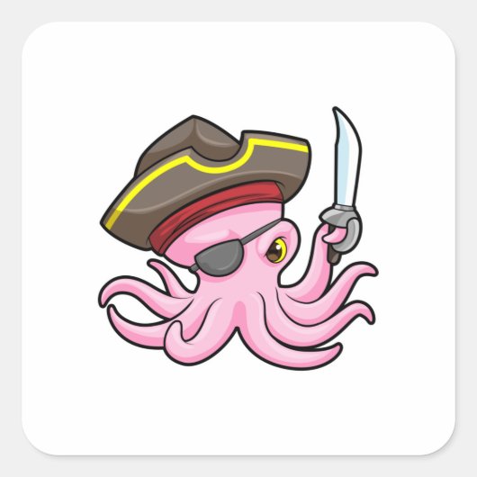 Oktopus als Piraten mit Säbel- und Augenpflaster Quadratischer Aufkleber (Vorderseite)