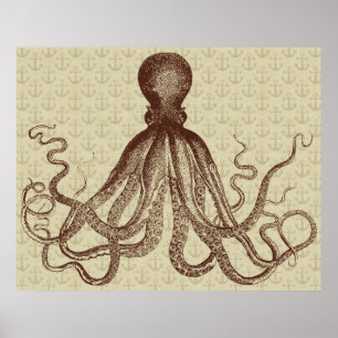 Oktopus Anker Lord Bodner Vintage Braun Nautical Poster