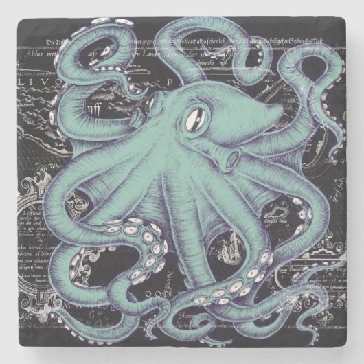 Oktopus Aquamarine Vintage Karte Tinte Steinuntersetzer (Vorderseite)