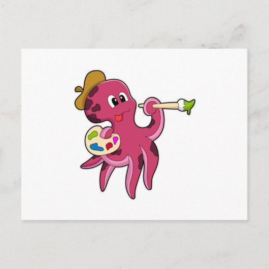 Oktopus beim Anmalen mit Pinsel und Farbe Postkarte (Vorderseite)