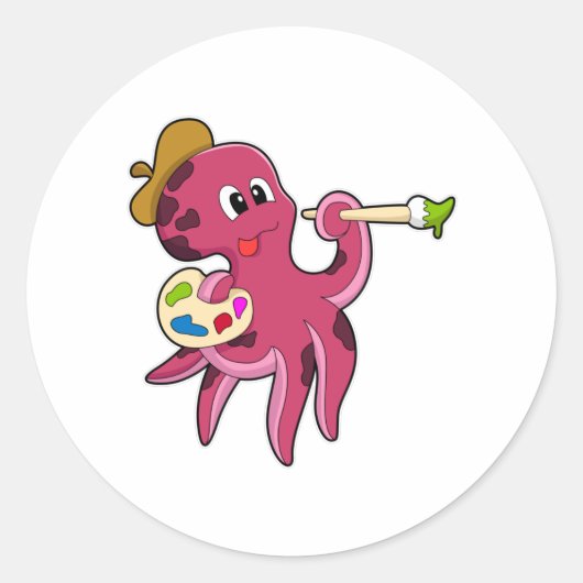 Oktopus beim Anmalen mit Pinsel und Farbe Runder Aufkleber (Vorderseite)