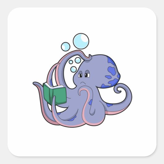 Oktopus beim Lesen mit Buch Quadratischer Aufkleber (Vorderseite)