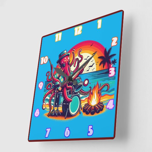 Oktopus beim Sonnenuntergang am Strand Quadratische Wanduhr (Winkel)