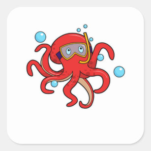 Oktopus beim Tauchen mit Schwimmbrille Quadratischer Aufkleber