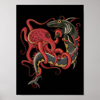 Oktopus, der einen Hai bekämpft Poster