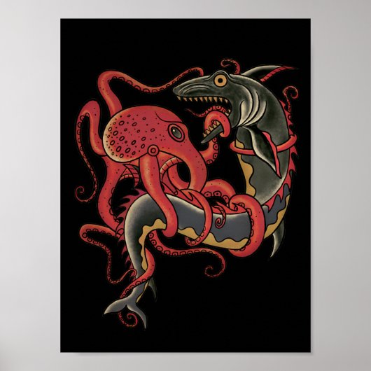 Oktopus, der einen Hai bekämpft Poster (Vorne)
