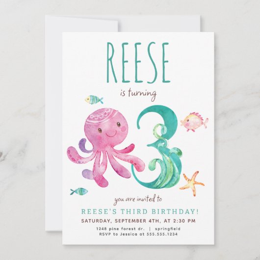 Oktopus Dritte Einladung zum Geburtstag (Vorderseite)