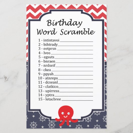 Oktopus GeburtstagsWord-Scramble-Spiel (Vorderseite)