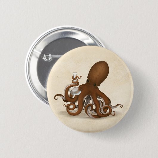 Oktopus im Labor Whimsikaler Steampunk Button (Vorne & Hinten)