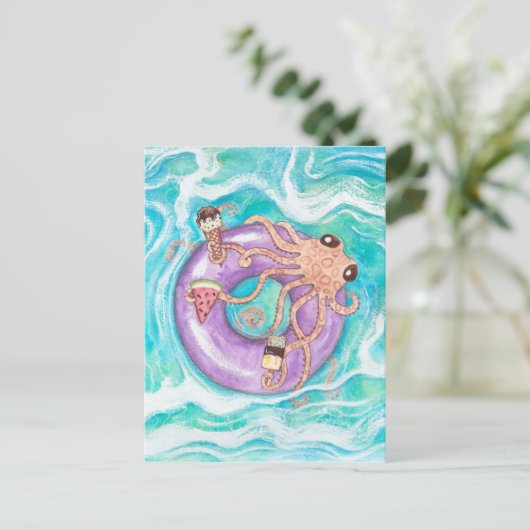 Oktopus im Pool Floating Postkarte (Stehend Vorderseite)