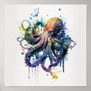 Oktopus in Aquarellkronen Poster