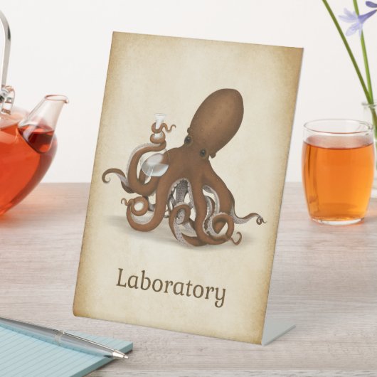 Oktopus mit dem Labor für Chemieflaschen Sockelschild (In Situ)
