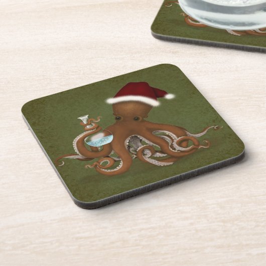 Oktopus mit Glaskolben und Weihnachtsmannmütze Wei Getränkeuntersetzer (Linke Seite)