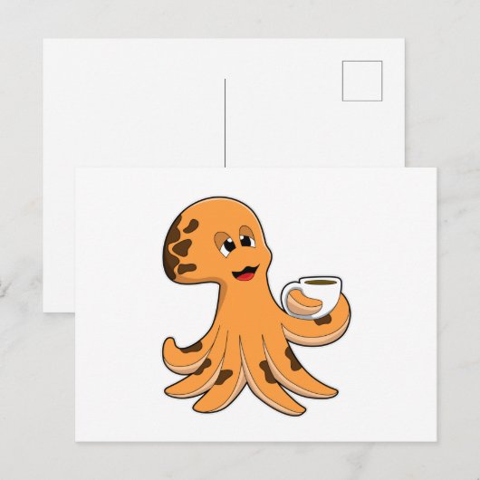 Oktopus mit Kaffee-Cup Postkarte (Vorne/Hinten)