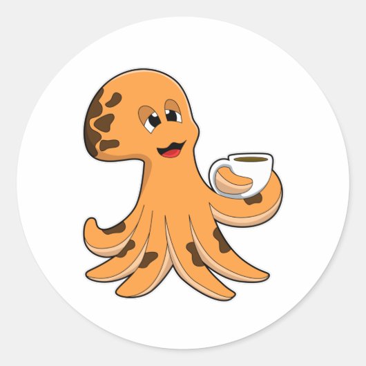 Oktopus mit Kaffee-Cup Runder Aufkleber (Vorderseite)