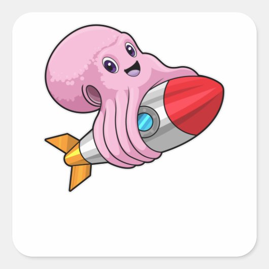 Oktopus mit Rakete Quadratischer Aufkleber (Vorderseite)