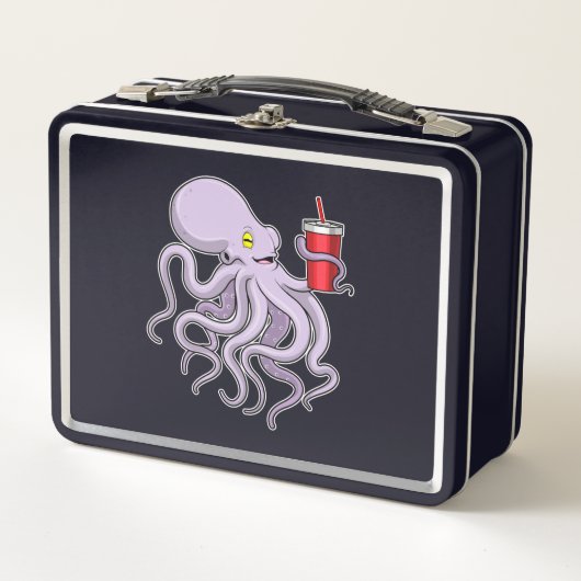 Oktopus mit trinkender Tasse Metall Brotdose (Vorderseite)