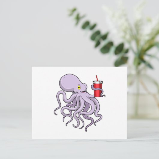 Oktopus mit trinkender Tasse Postkarte (Stehend Vorderseite)
