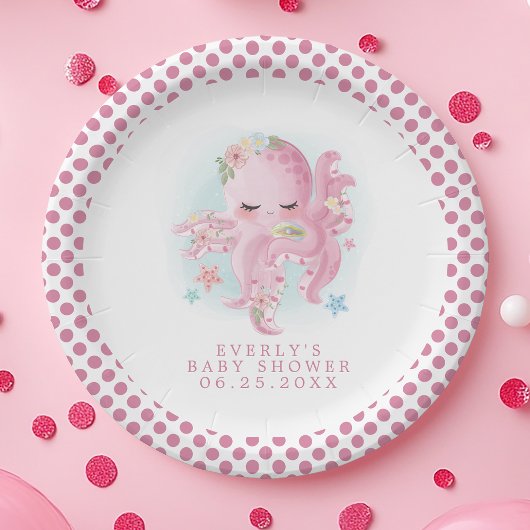 Oktopus Niedlich Pink Watercolor Girl Babydusche Pappteller