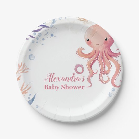 Oktopus Niedlich rosa Wasserfarbenmädchen Pappteller (Vorderseite)