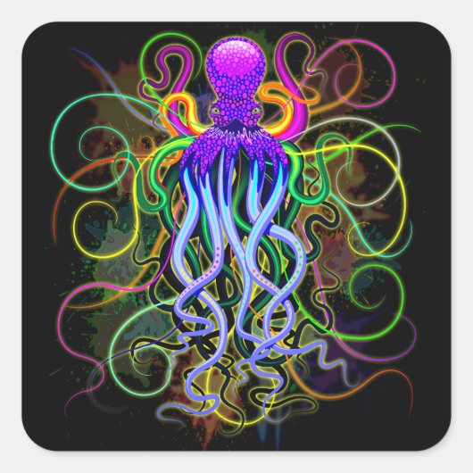 Oktopus Psychedelische Lumineszenz Quadratischer Aufkleber (Vorderseite)